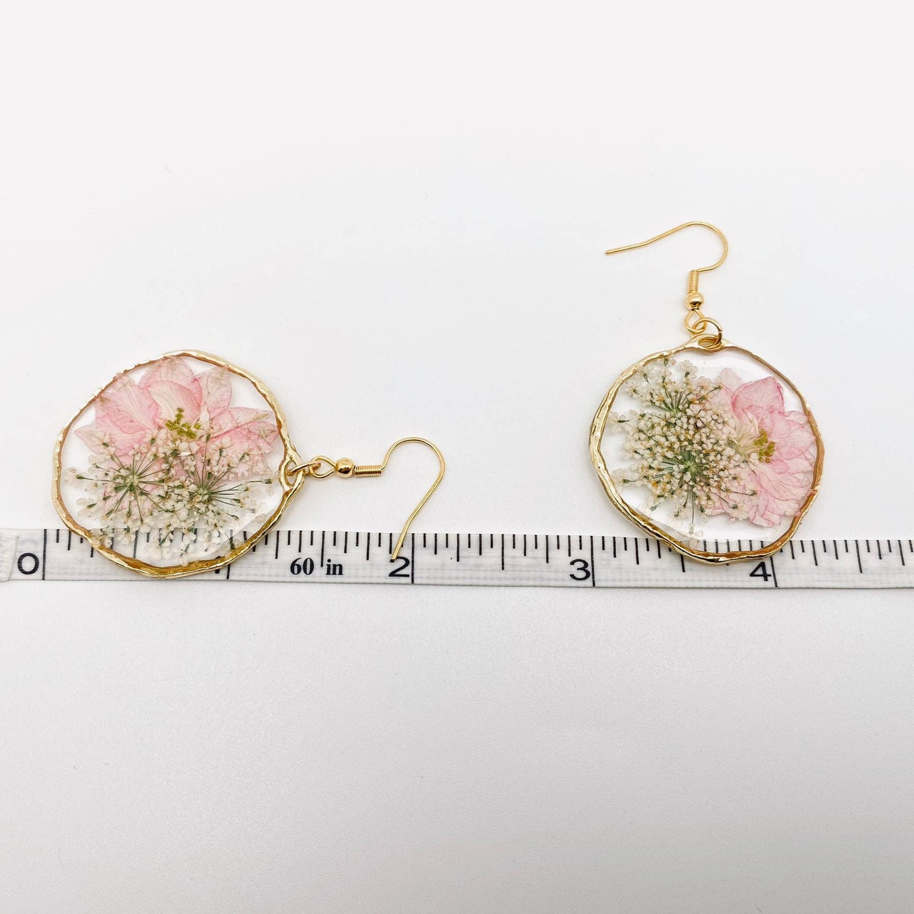 Genuine Pressed Flower Hook 1.75" DIA Dangle Earrings, Delphinium & Queen Anne's Lace gifts to say i love you