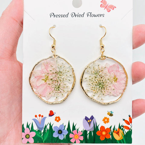 Genuine Pressed Flower Hook 1.75" DIA Dangle Earrings, Delphinium & Queen Anne's Lace