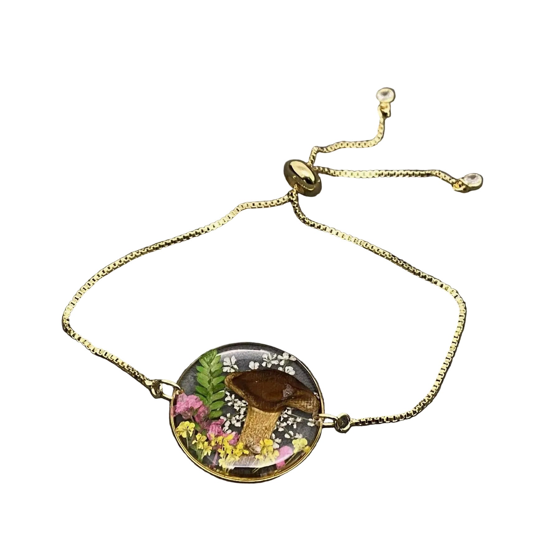 Genuine Pressed Flowers 18K Gold Plated Bracelet - Single 1"DIA Round - Mushroomvvvv