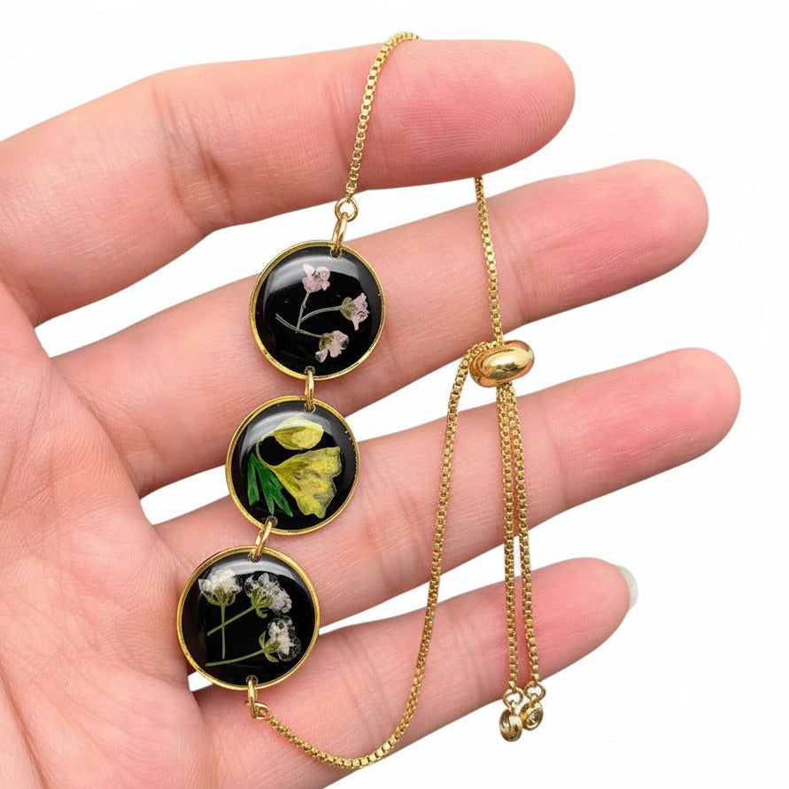 Genuine Pressed Flowers Bracelet - 3x Round - Black