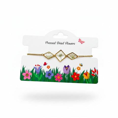 Genuine Pressed Flowers Bracelet - Diamond - Baby's Breathe & Queen Anne's Lace, White