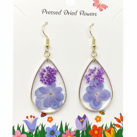 Genuine Pressed Flowers Earrings Dangle Gold Hook, Tear Drop, Purple/Lavendar