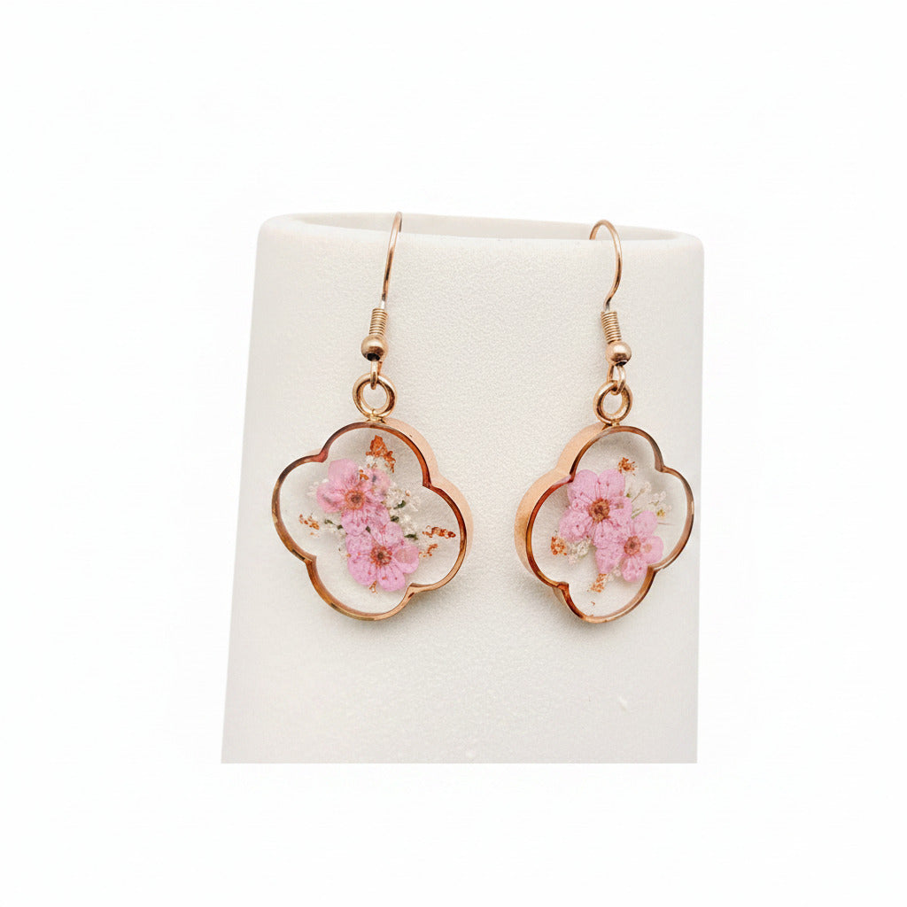 Genuine Pressed Flowers Earrings Dangle Hook, Clover, Rose Gold, Queen Anne's Lace & Daffodil Pink, pink flowers