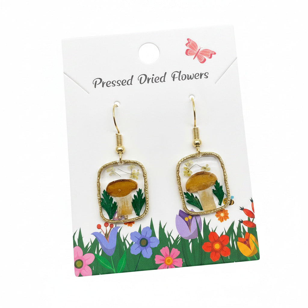 Genuine Pressed Flowers Earrings Dangle Hook, Square, Mushroom