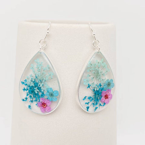 Genuine Pressed Flowers Earrings Dangle Silver Hook, Tear Drop, Sage/Teal/Pink