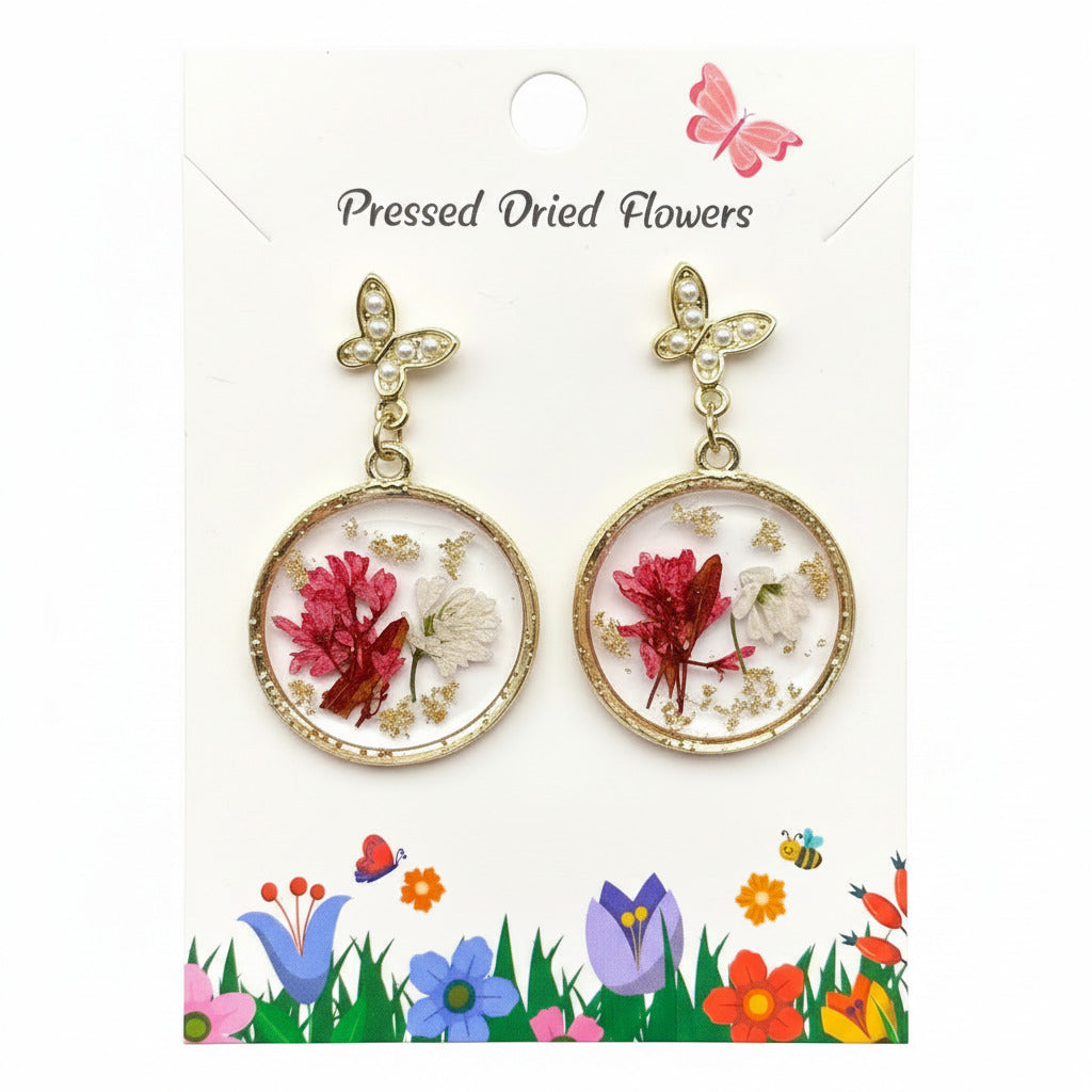 Genuine Pressed Flowers Earrings Pearl Butterfly Stud & 1" DIA Red/Ivory