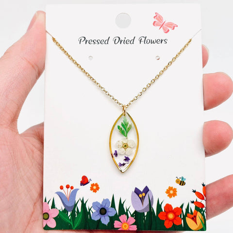 Genuine Pressed Flowers Geometric Stainless Steel Necklace, Daffodil, Fern, and Queen Anne's Lace