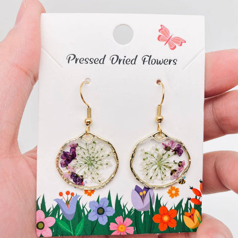 Genuine Pressed Flowers Gold Hook Dangle Earrings, Lobularia Maritima