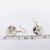 Genuine Pressed Flowers Gold Hook Dangle Earrings, Lobularia Maritima, unique, purple, gold, and white sized for tweens to adults