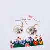 Genuine Pressed Flowers Gold Hook Dangle Earrings, Lobularia Maritima, unique, purple, gold, and white