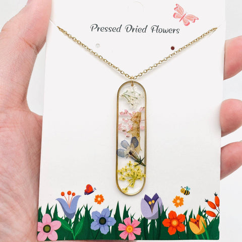 Genuine Pressed Flowers Long Ellipse Charm Necklace, Lobelia and Queen Anne's Lace