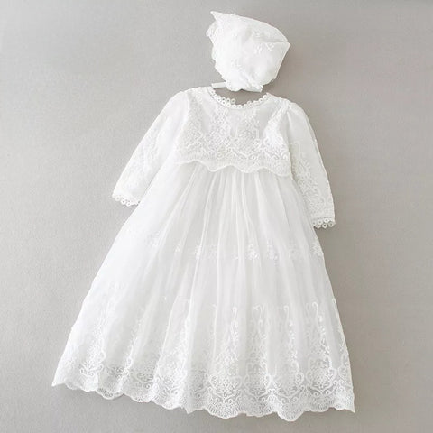 Heirloom Christening Long Royal Length Gown, Overlay Vintage Lace, Long Sleeve w/Bonnet, White