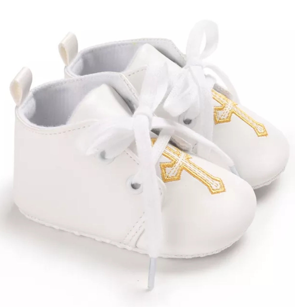 Soft Soled Lace Up Christening Shoes, White w/Gold Embroidered Cross