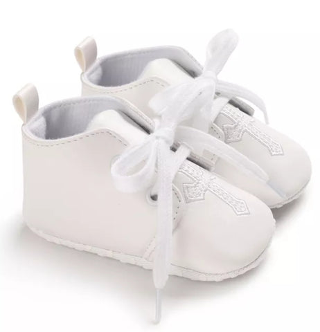 Soft Soled Lace Up Christening Shoes, White w/White Embroidered Cross