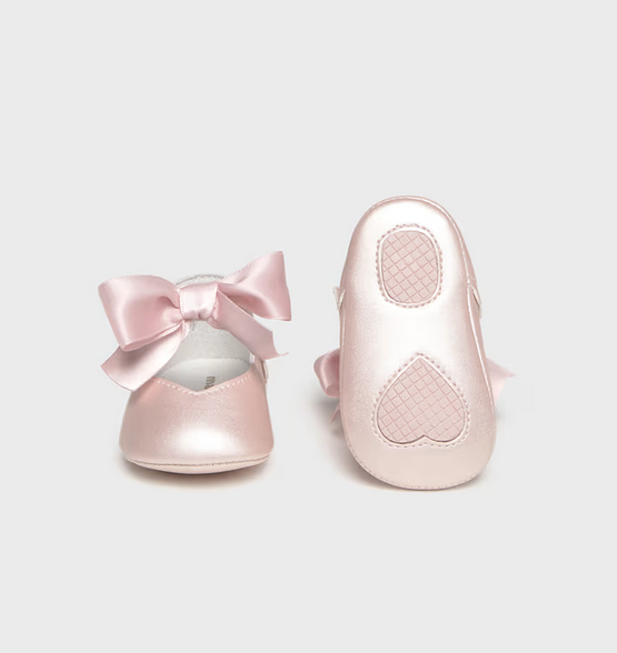 Infant girls soft soled dress shoes, matte satin soft pink mary jane