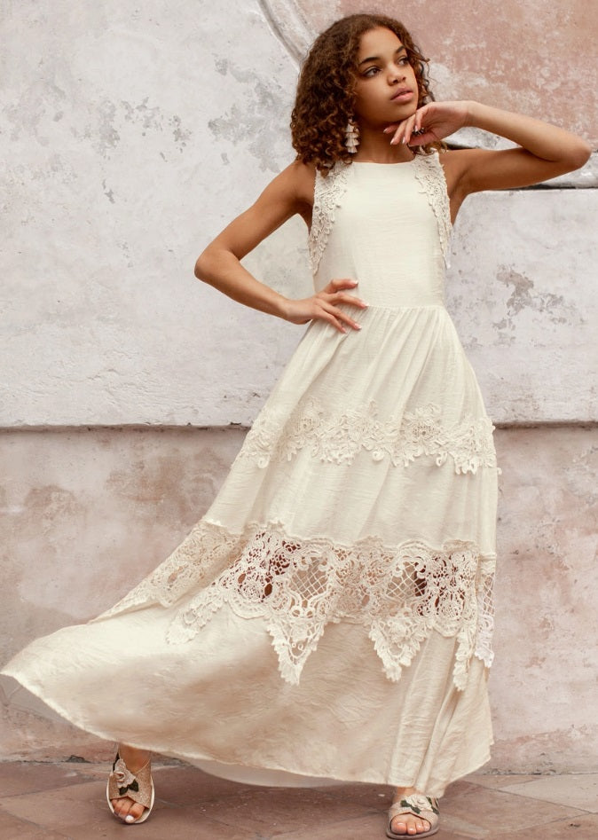 Joyfolie Vintage Guipure Maxi Dress, Londra, Bow Back, Gardenia White Bubble Belly moms | babies | kids Joyfolie Vintage Guipure Maxi Dress, Londra, Bow Back, Gardenia White Bubble Belly moms | babies | kids