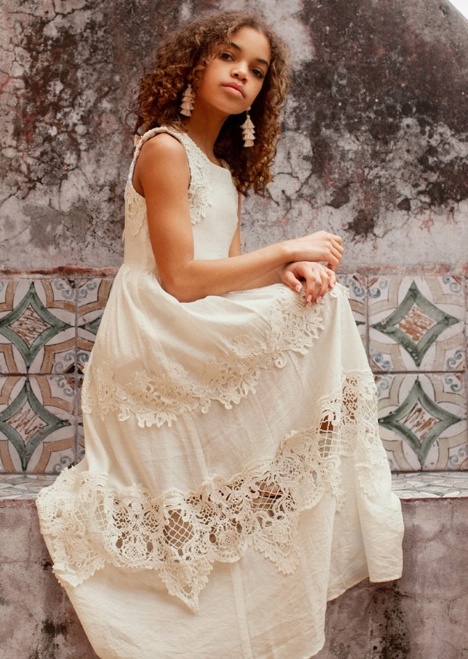 Joyfolie Vintage Guipure Maxi Dress, Bow Back, Gardenia White