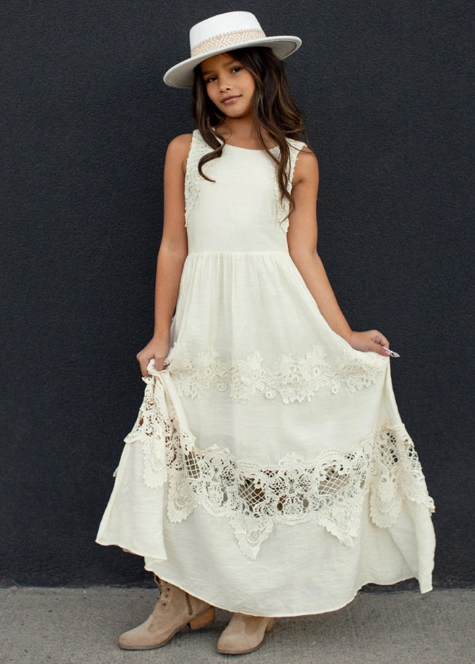 Joyfolie Vintage Guipure Maxi Dress, Bow Back, Gardenia White