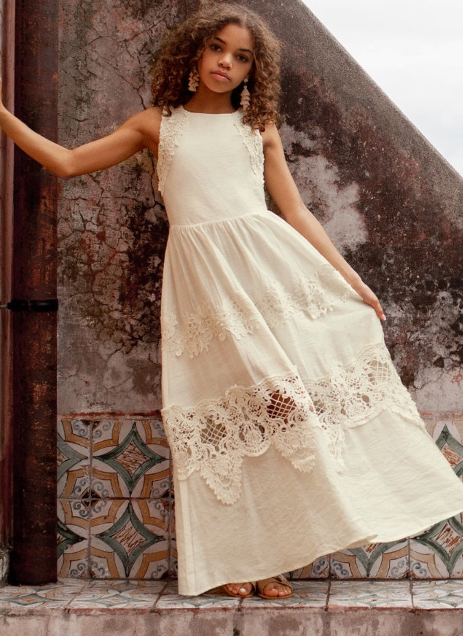 Joyfolie Vintage Guipure Maxi Dress, Bow Back, Gardenia White