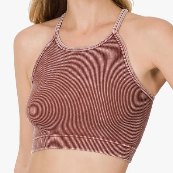 Ladies / Junior Washed Ribbed Seamless Cropped Tank Top - Rust Red