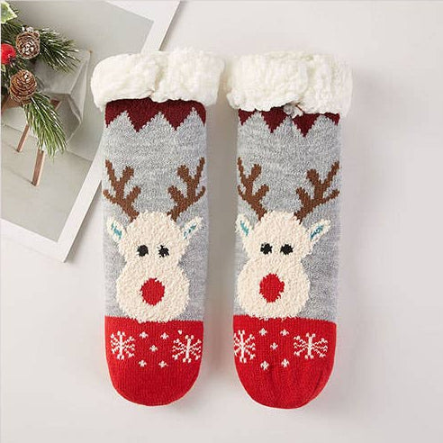 Kids Christmas Fuzzy Winter Socks Set, Reindeer Neutral Grey