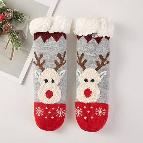 Kids Christmas Fuzzy Winter Socks, Reindeer Neutral Grey