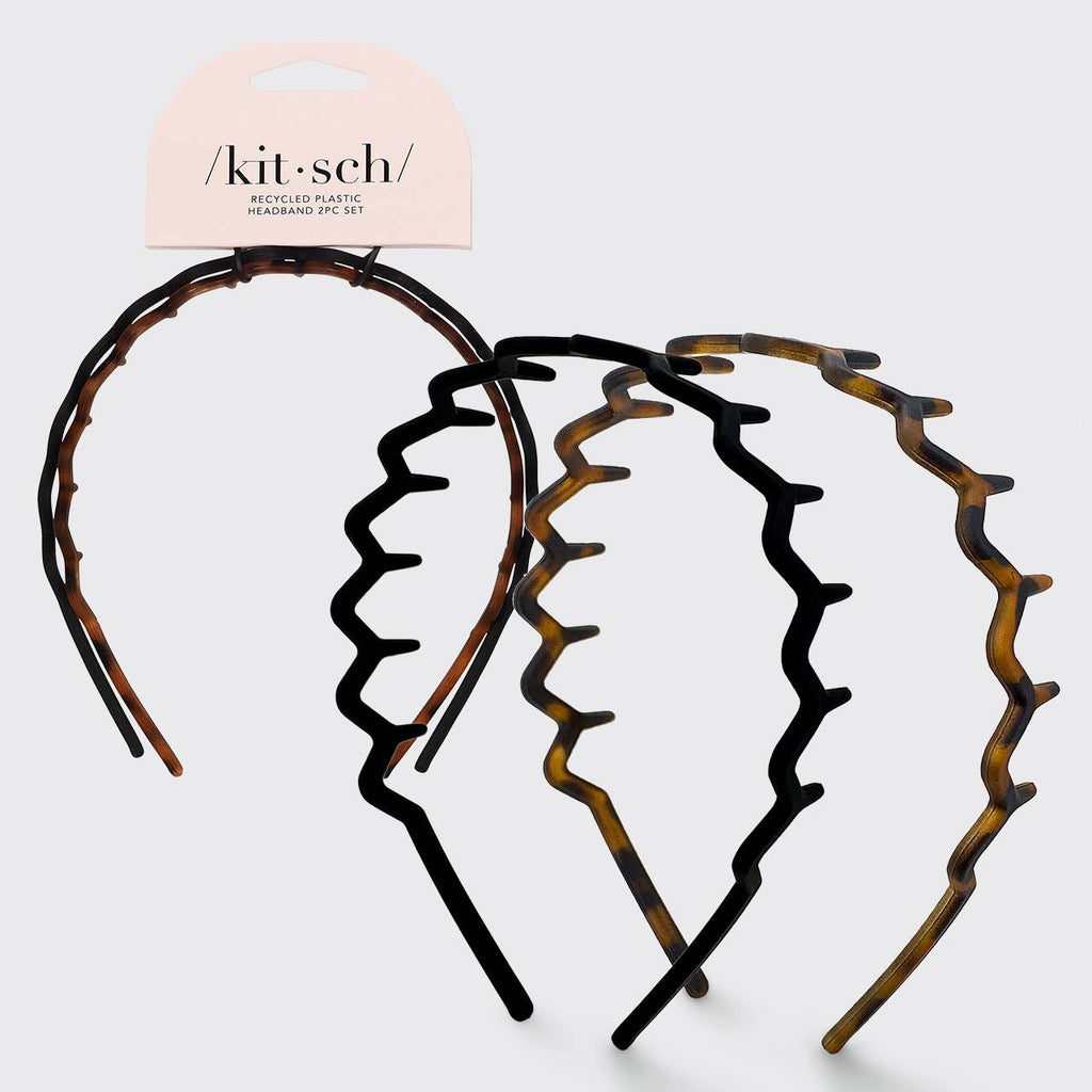 Kitsch Recycled Plastic Non-Slip Zig Zag Headband 2pc - Black & Tortoise