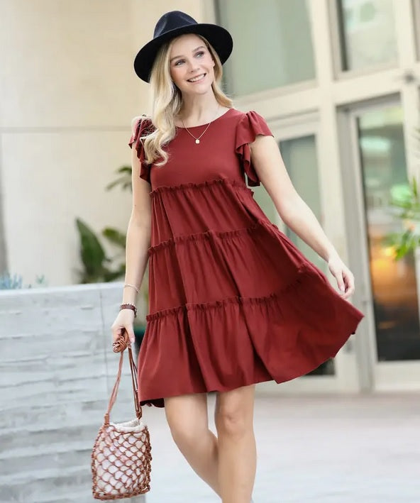 Ladies / Junior Ruffled Capsleeve Tiered Mini Dress - Rust Red