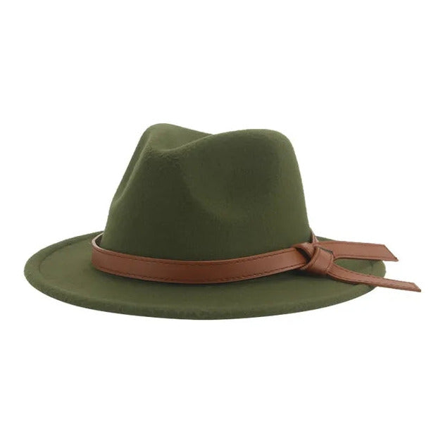 Large Brim Felt Fedora Hat, Leatherette Trim, Forest Green