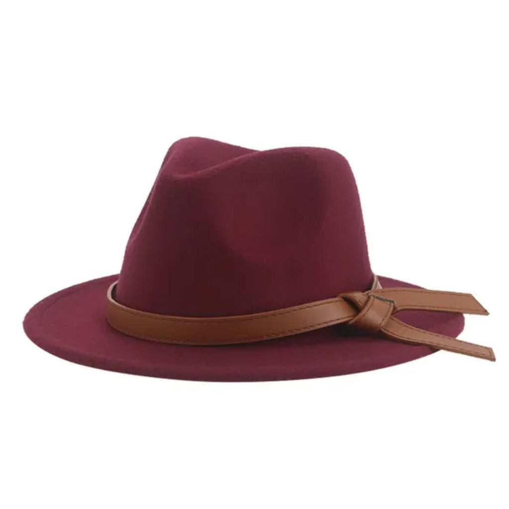 Large Brim Felt Fedora Hat, Leatherette Trim, Maroon, Wine Red
