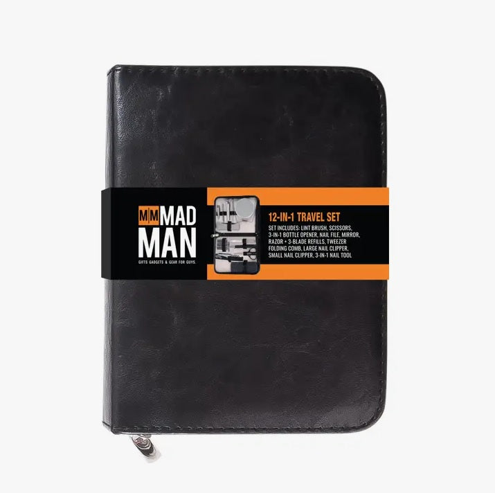 Mad Man On-the-Move 12-in-1 Travel Grooming Kit, Black Vegan Leather