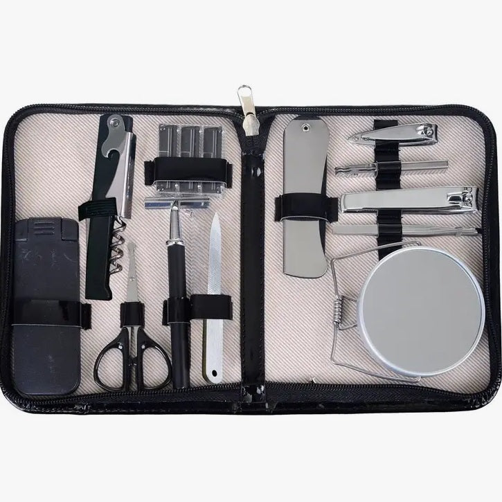 Mad Man On-the-Move 12-in-1 Travel Grooming Kit, Black Vegan Leather