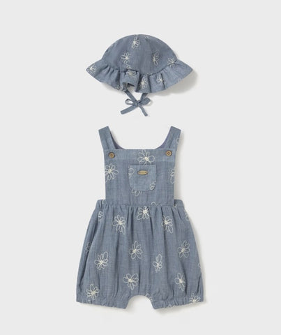 1665 Infant Girls Overall Bubble Romper w/Sun Hat - Embroidered Soft Denim