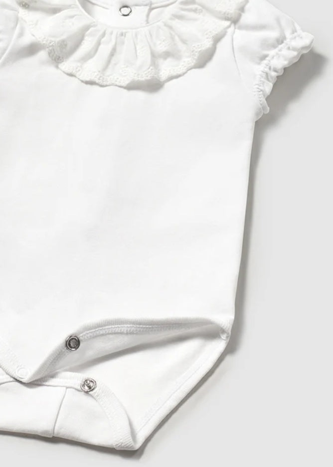 1757 Infant Girls Embroidered Ruffled Collar Snap Bodysuit - White