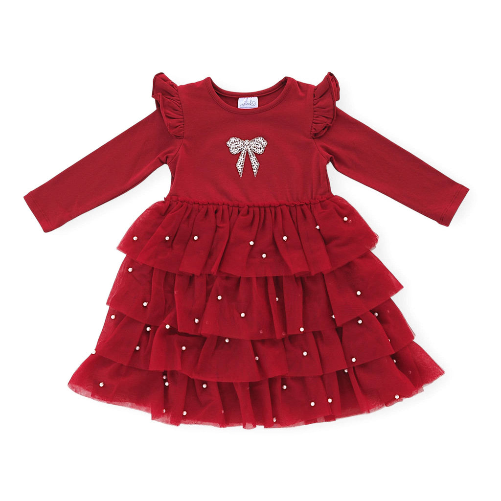 Mini Girls L/S Pearlized Layered Tulle Dress, Rhinestone & Pearl Bow Applique - Holiday Red