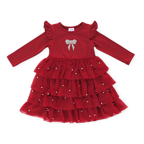 Mini Girls L/S Pearlized Layered Tulle Dress, Rhinestone & Pearl Bow Applique - Holiday Red