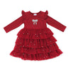 Mini Girls L/S Pearlized Layered Tulle Dress, Rhinestone & Pearl Bow Applique - Holiday Red