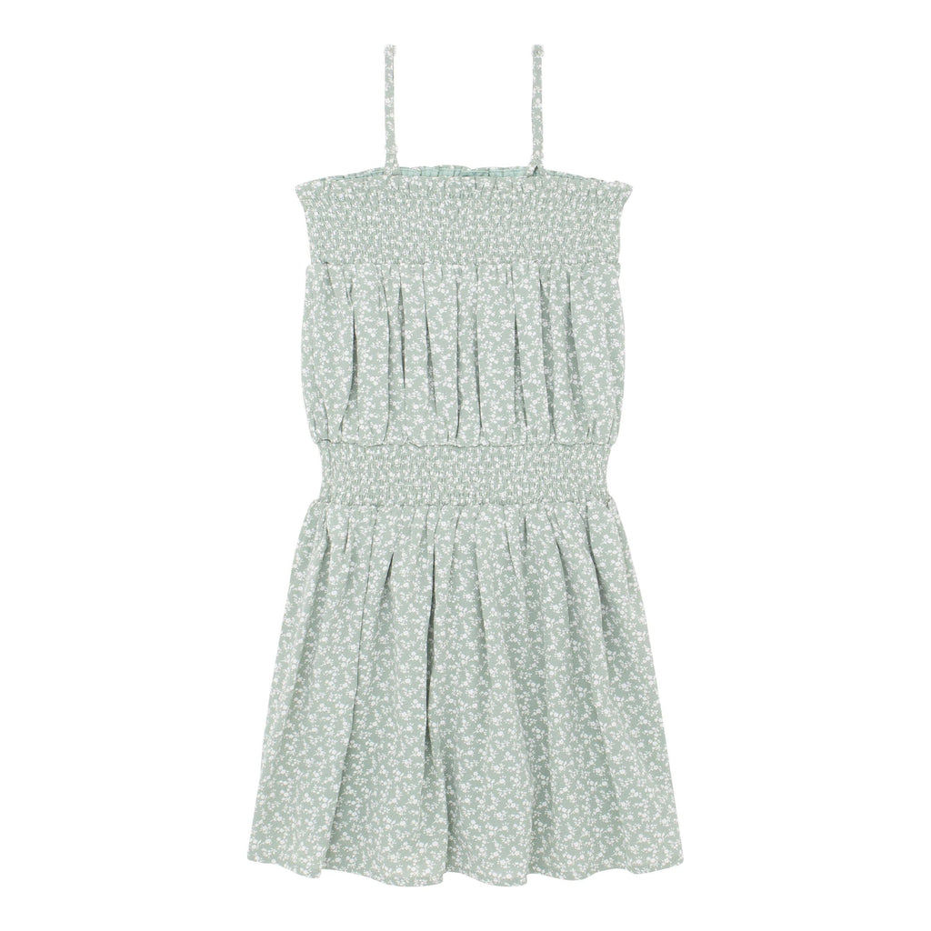 Mini/Tween Girls Ditsy Daisy Smock Waist Sun Dress: Light Sage Green with White Micro Flowers