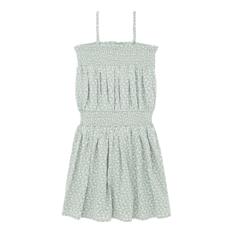 Mini/Tween Girls Ditsy Daisy Smock Waist Sun Dress: Light Sage Green with White Micro Flowers