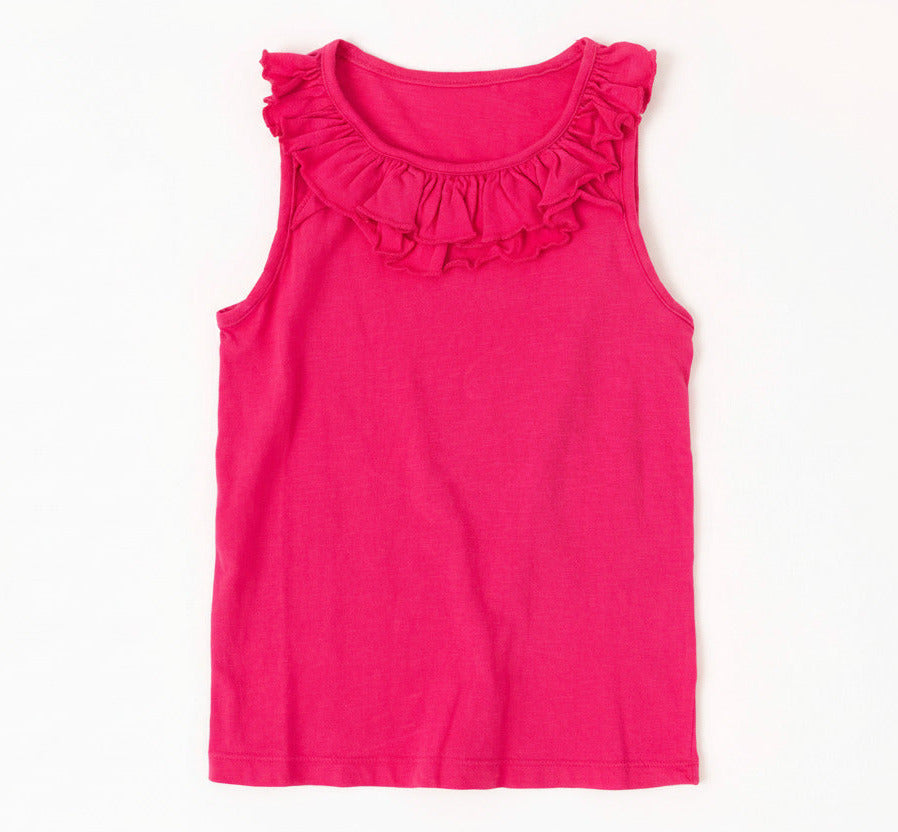 Mini/Tween Girls Double Ruffled Tank Top: Hot Summer Pink