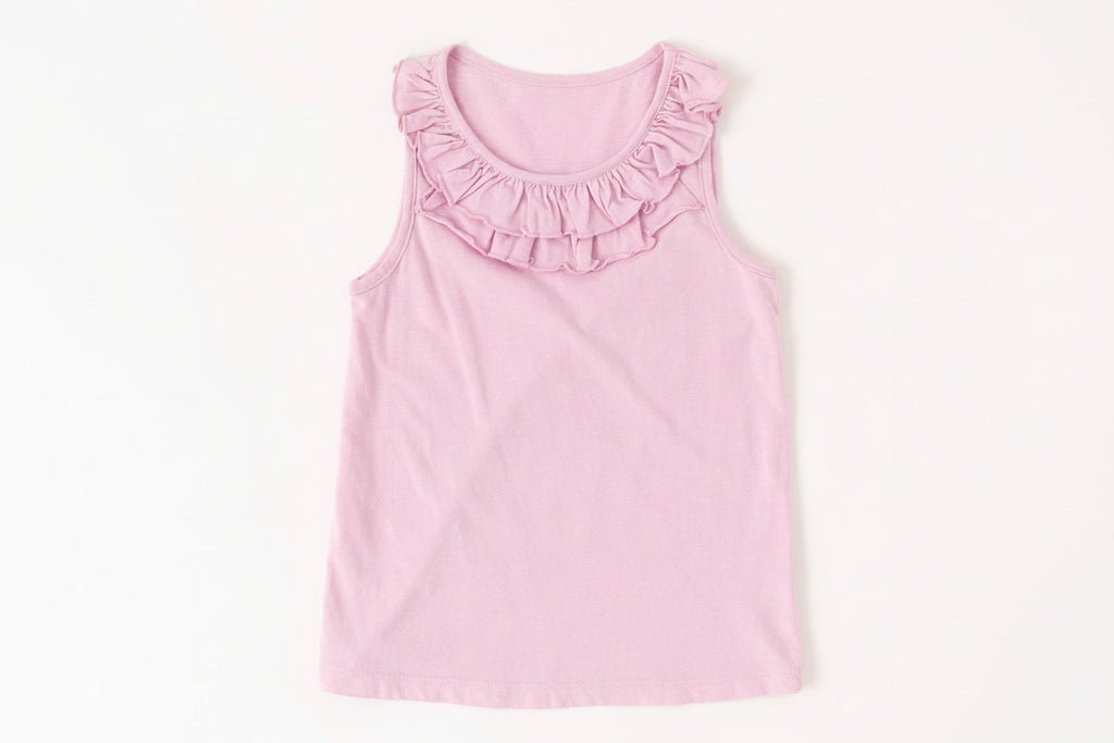 Mini/Tween Girls Double Ruffled Tank Top: Orchid Bouquet Light Pink