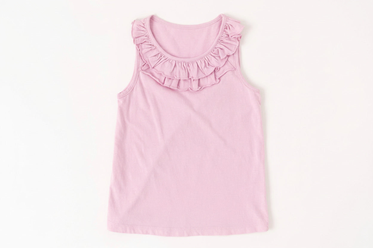 Mini/Tween Girls Double Ruffled Tank Top: Orchid Bouquet Light Pink