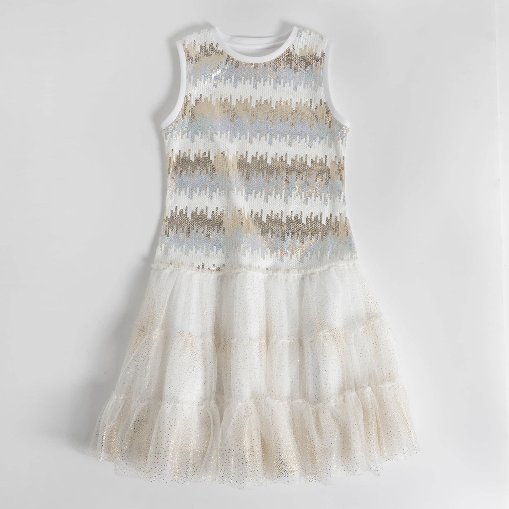 Mini/Tween Girls Dressy Sequin Drop Waist Tulle Twirl Dress: Gold and Silver, Soft White Sparkle