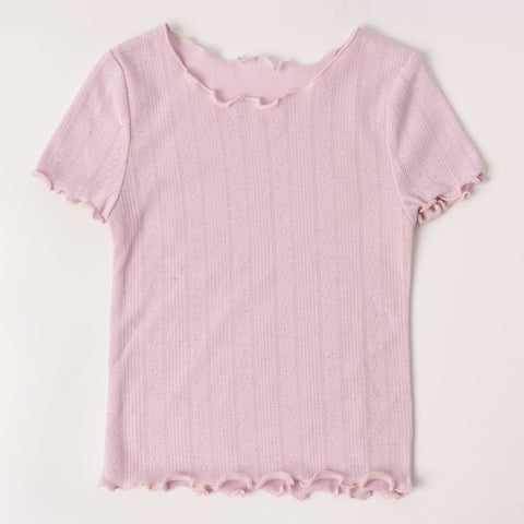 Mini/Tween Girls Lettuce Edge Pointelle S/S Shirt: Ballerina Pink