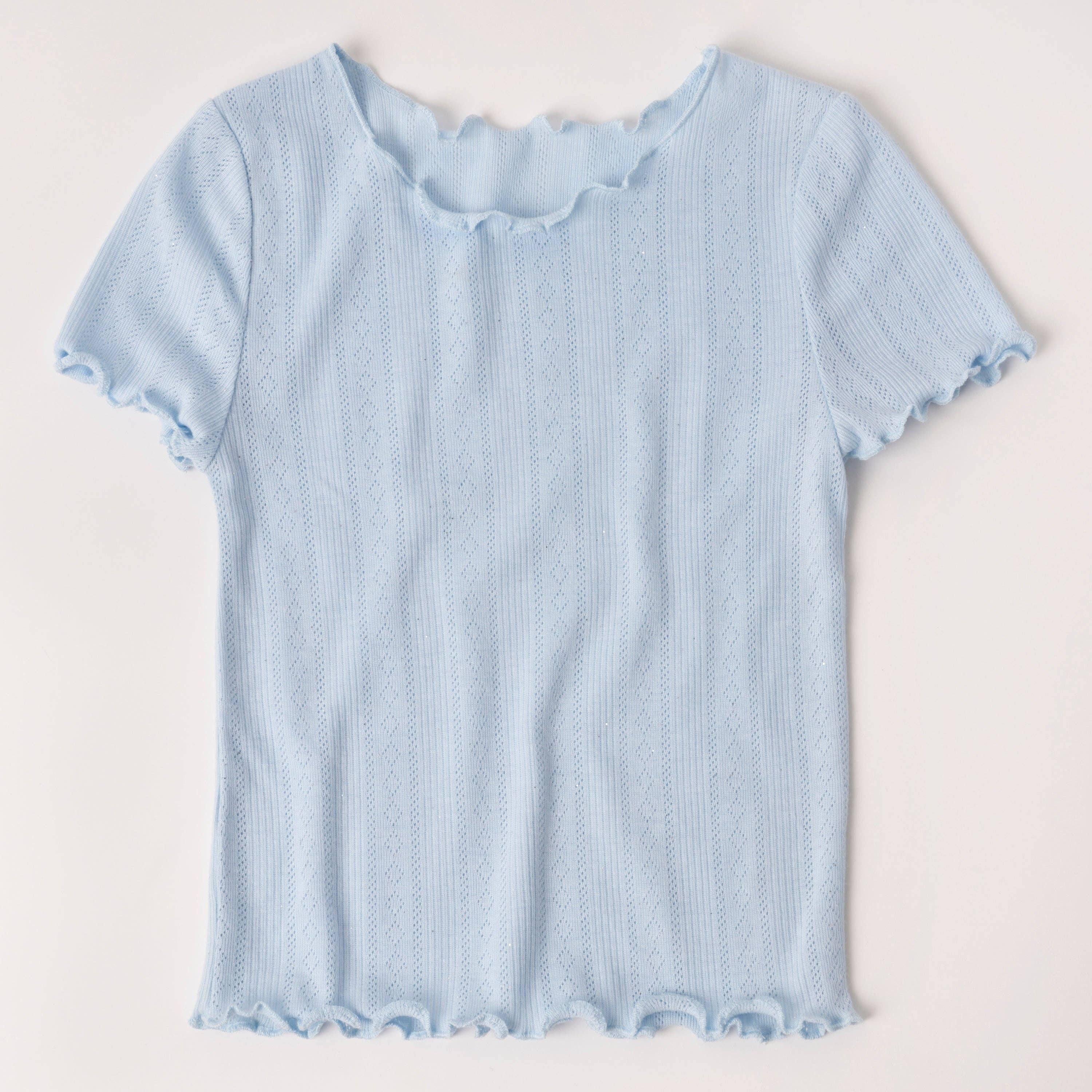 Mini/Tween Girls Lettuce Edge Pointelle S/S Tee: Powder Blue