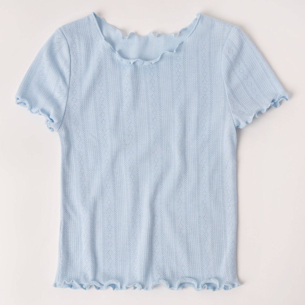 Mini/Tween Girls Lettuce Edge Pointelle S/S Tee: Powder Blue