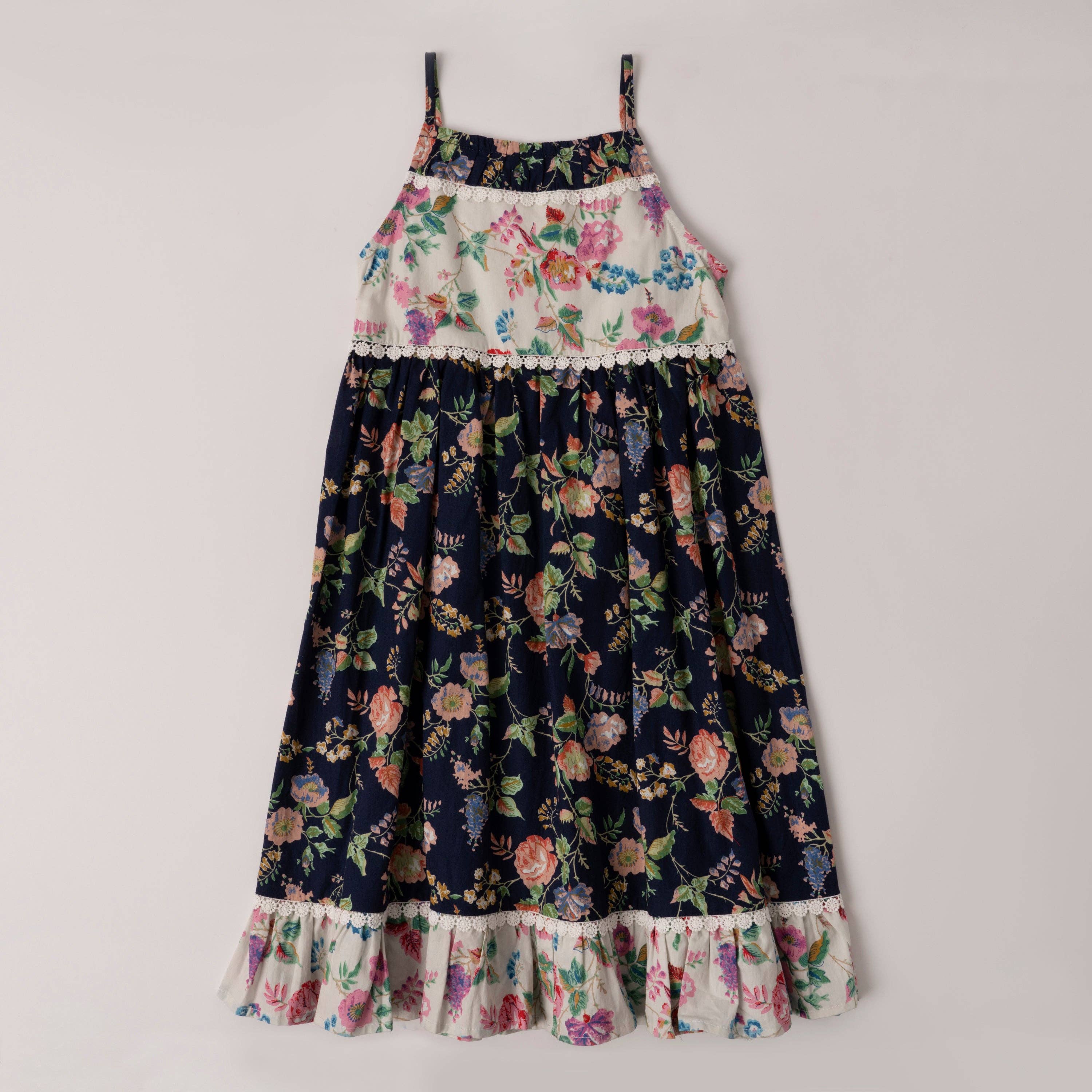 Mini/Tween Girls Mixed Baby Doll Guipure Lace Trim Dress: Multi Floral Ruffled Hem dark and Light floral