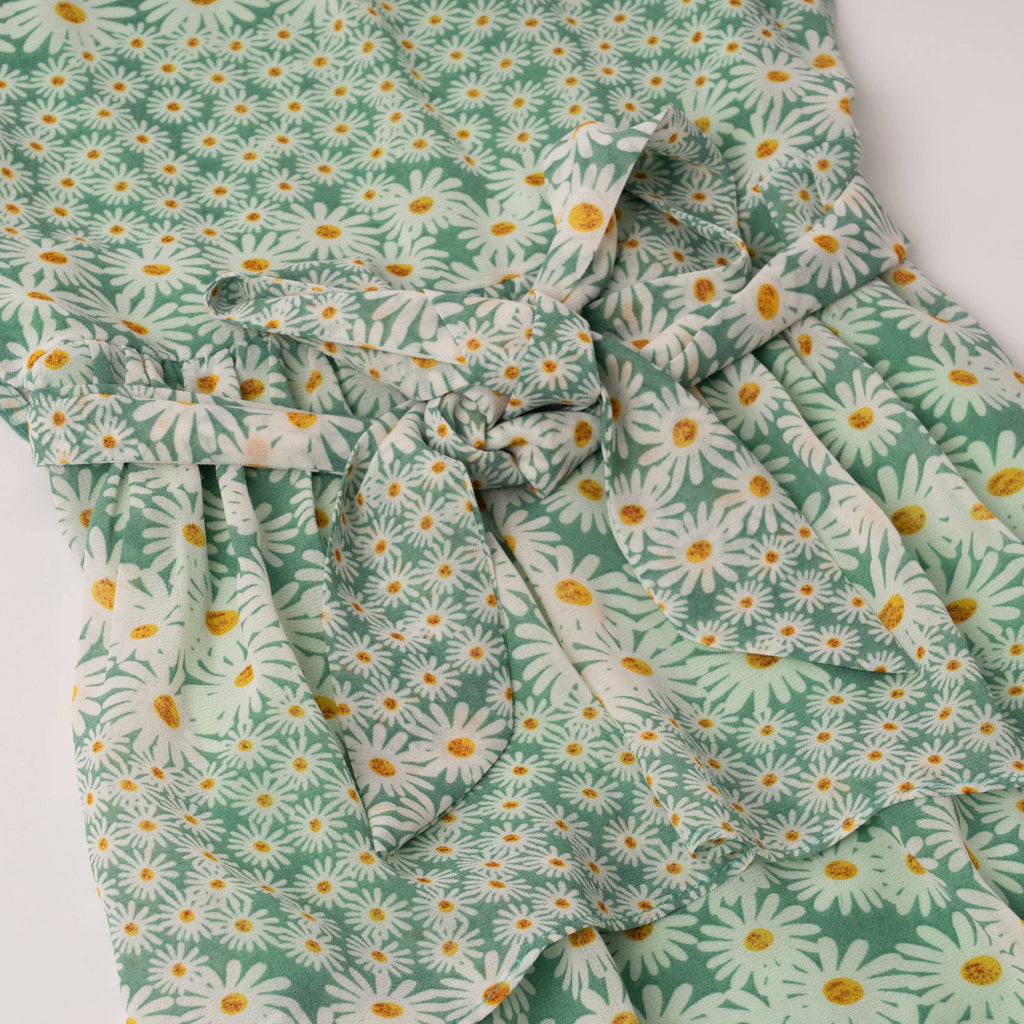 Mini/Tween Girls Tiered Chiffon Dress: Light Green Daisy chiffon dress with tie at waist