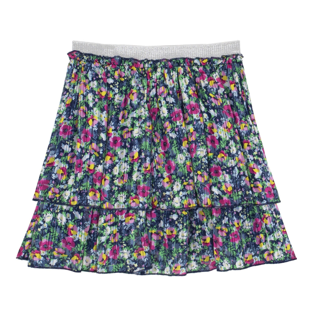 Mini/Tween Girls Tiered Skirt: Multi Navy and Fuchsia Micro Floral with Silver Lurex detail