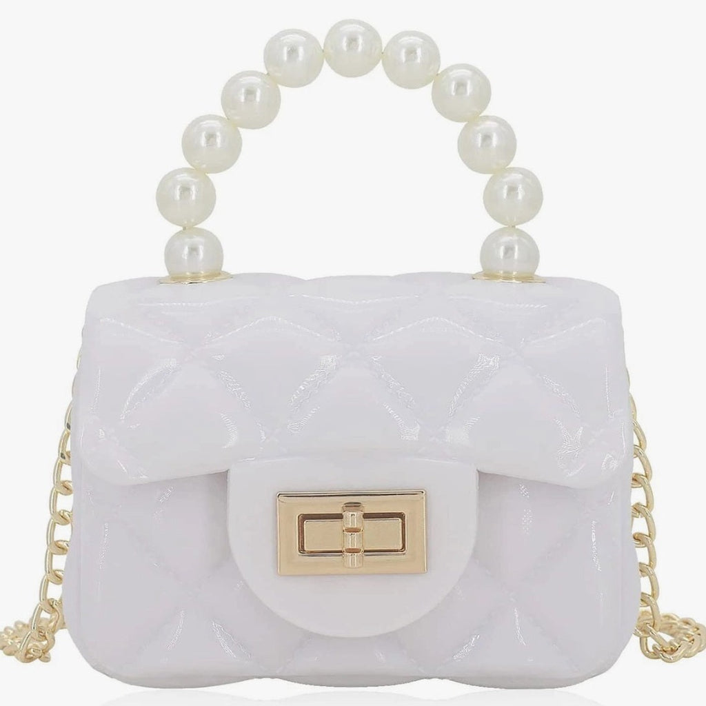 Mini Patent Leatherette Candy Colored Purse/Handbag - Pearl Handle & Cloud White